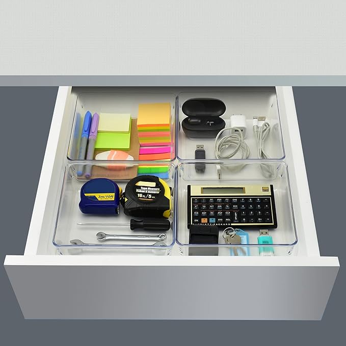 Acrimet Drawer Organizer Modular, Box Tray Storage Bins for Office, Home, Makeup, Kitchen, Junk Drawer ( 4 Pieces) (Clear Crystal Plastic)