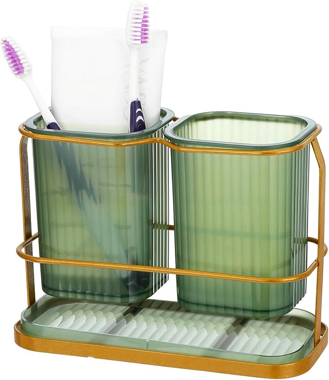 Green Toothbrush Holders for Bathrooms, 2 Cups Toothbrush Holders for Bathrooms Countertop Organizer, Dry & Wet Separation, Bathroom Organizers and Storage, Bathroom Toothbrush Holder Set for Family