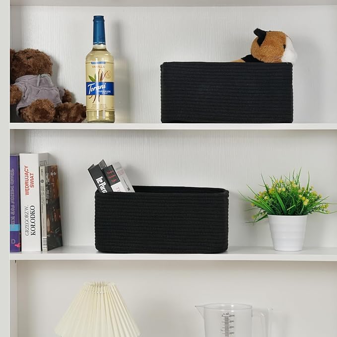 3-Pack Storage Baskets for Organizing | Woven Shelf Toy Basket | Rope Baskets for Gifts Empty | Closet Organizer Bins with Handles | Cube Decorative Box | 13.7×7.1×6.7” | Mixed Black