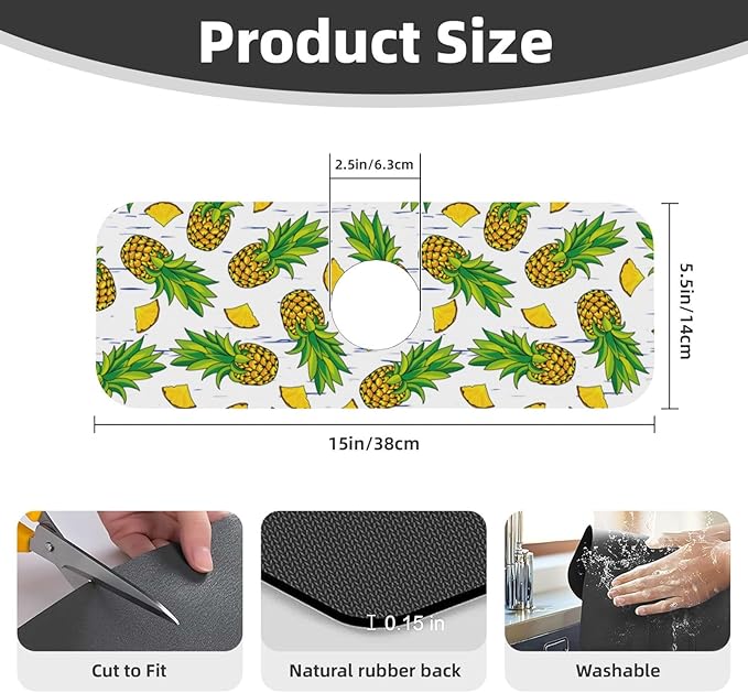 Pineapple Summer Pineapples Kitchen Sink Splash Guard Faucet Mat Super Absorbent Fast Drying Mat Sink Gadgets-Fast Drying Pad Sink Mat For Kitchen Bathroom (15" X 5.5" )