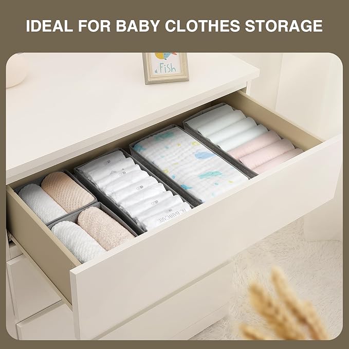 DIMJ Drawer Organizer Clothes, Dresser Organizer For Nursery, Bedroom, Closet, Baby Clothes Organizer and Storage, Foldable Fabric Drawer Dividers for Baby Socks, Belt, Tie (4 Pack, Blended)