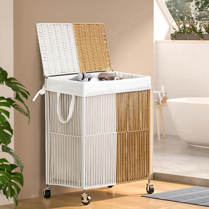 WOWLIVE Laundry Hamper with Wheels, Handwoven Rolling Laundry Basket with Lid, Clothes Hamper with Divided Removable Liner Bag, 115L Large Laundry Sorter Laundry Room Organization, White and Natural