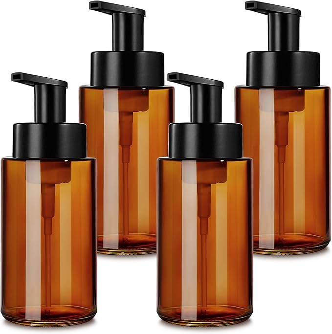 Amber Foam Soap Dispenser, 10 oz/300ml Glass Foaming Soap Dispenser, 4 Pcs Foaming Hand Dispenser for Bathroom & Kitchen, Refillable Bottle with Waterproof Labels