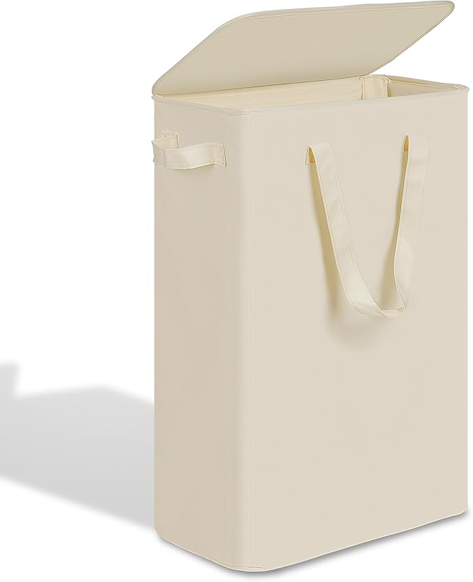 efluky Slim Laundry Basket with Lid, Narrow Laundry Hamper with Handles, Collapsible Dirty Clothes Hamper, Tall Laundry Bin for Laundry Room, Dorm and Bedroom, 55L Beige
