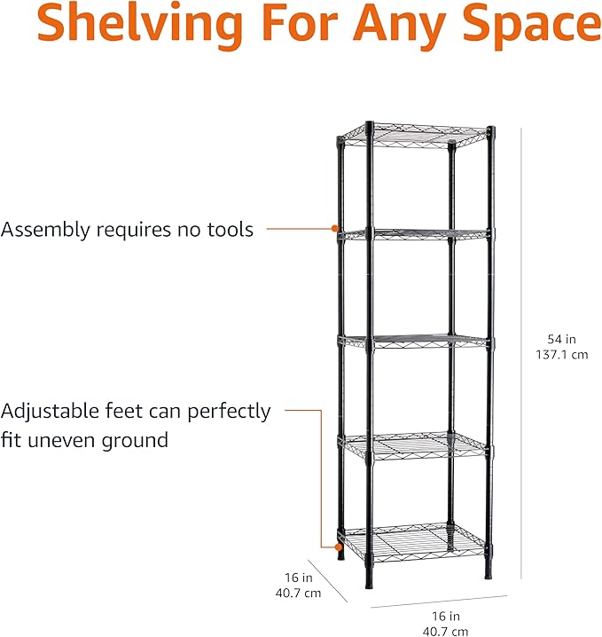 Amazon Basics 5-Shelf Tower Adjustable Storage Shelving Unit for Garage, Rust-Resistant Steel, 150 lbs Per Shelf, 16" W x 16" D x 54" H, Black