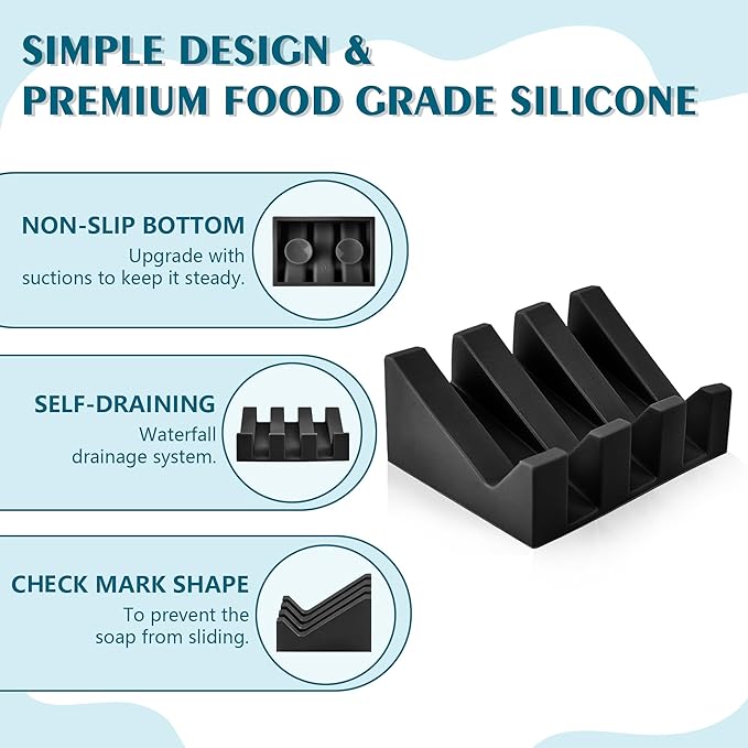 Self Draining Soap Dish,Silicone Suction Cup Soap Holder, Bathroom Soap Dish for Bar Soap,Can Extend Soap Life,Bathroom, Bath Tub, Kitchen Sink Black - 1 Pack