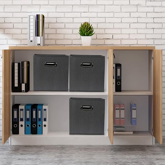 Yunkeeeper storage bins Cubes, Fabric Cube Organizer with Handle, Foldable Cube Bins for Cloth or Accessary Storage, 11x11x11, Set of 6, (Gray)