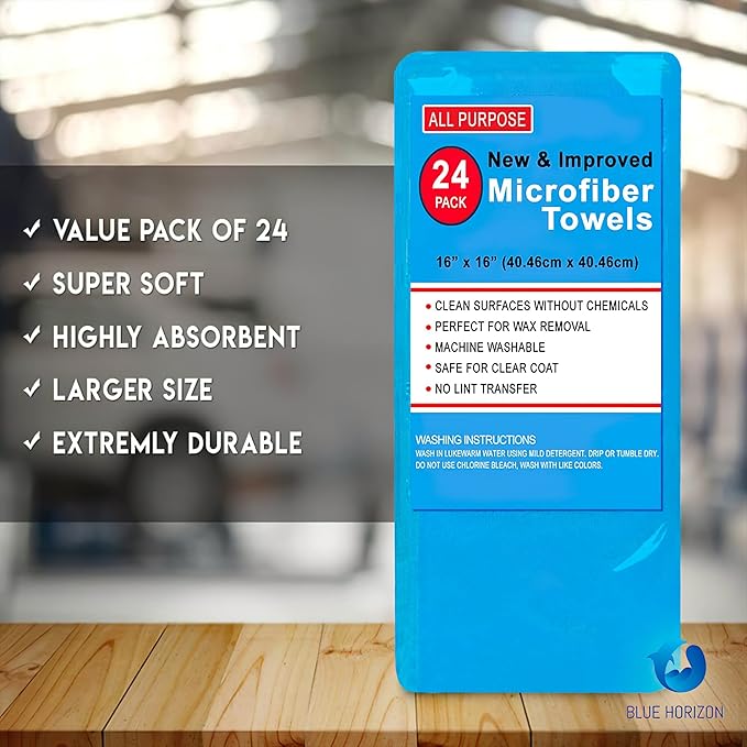 Microfiber Cleaning Towels, Pack of 24, Ultra Soft Plush Washcloth, All Purpose Premium Microfiber Detailing Cleaning Cloths Reusable Shop Towels (16" x 16", Sky Blue)