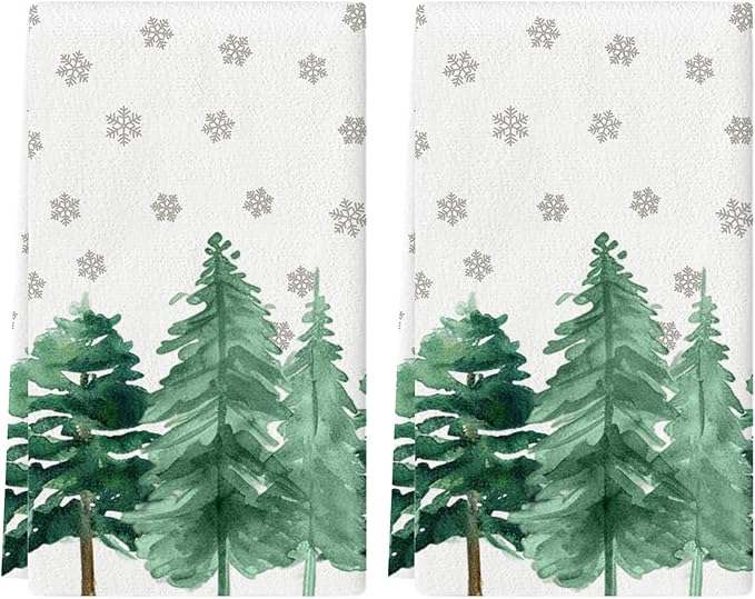 Christmas Kitchen Towels Set of 2 Green Xmas Tree Snowflake Dish Towel Tea Towels for Kitchen 16x28 Inch Absorbent Drying Cloth Cooking Baking Cleaning