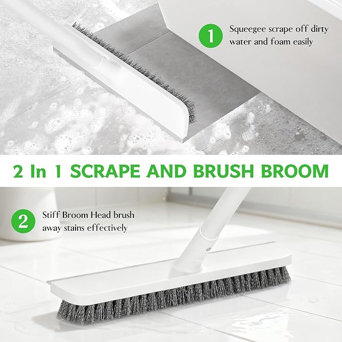 SetSail Floor Scrub Brush, Scrub Brush with 48-Inch Long Adjustable Handle 2 in 1 Scraper Brush Stiff Bristle Floor Scrubber for Cleaning Bathroom Shower Kitchen Garage Deck Tilb Tub, White