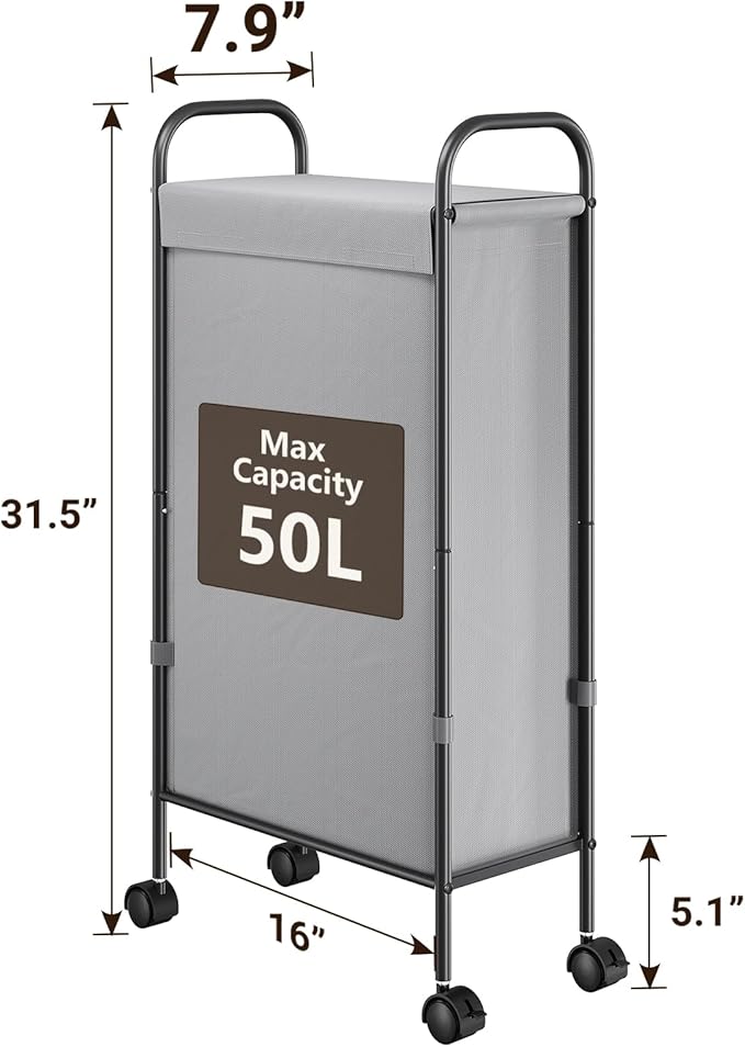 ELYKEN Slim Laundry Hamper with Lid, 50L Small Rolling Laundry Basket on Wheels, 7.9” Narrow Dirty Cloth Cart with Removable Inner Bag for Small Bathroom, Bedroom, Grey