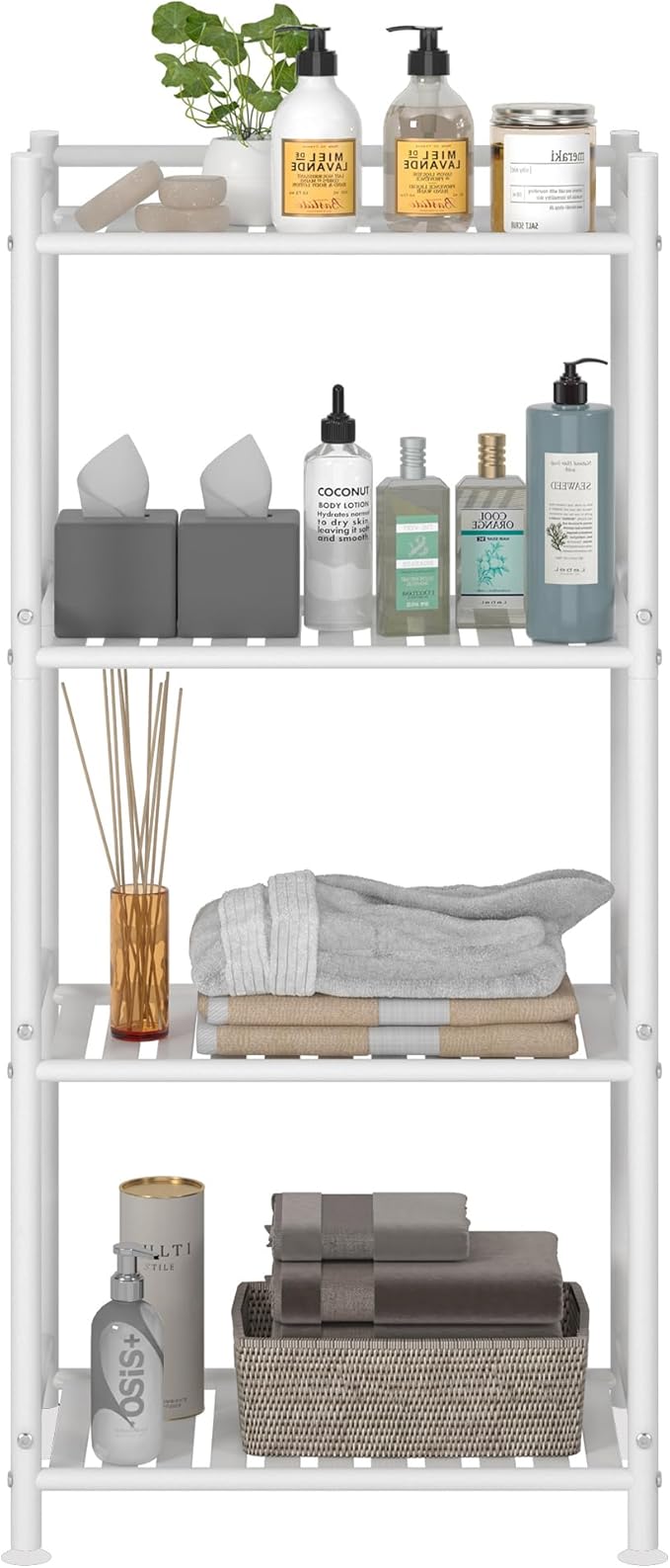 4 Tier Bathroom Storage Open Shelf Unit, Free-Standing Metal Corner Rack Shelving for Kitchen, Living Room, Hallway (White, Wider 4 Tier)