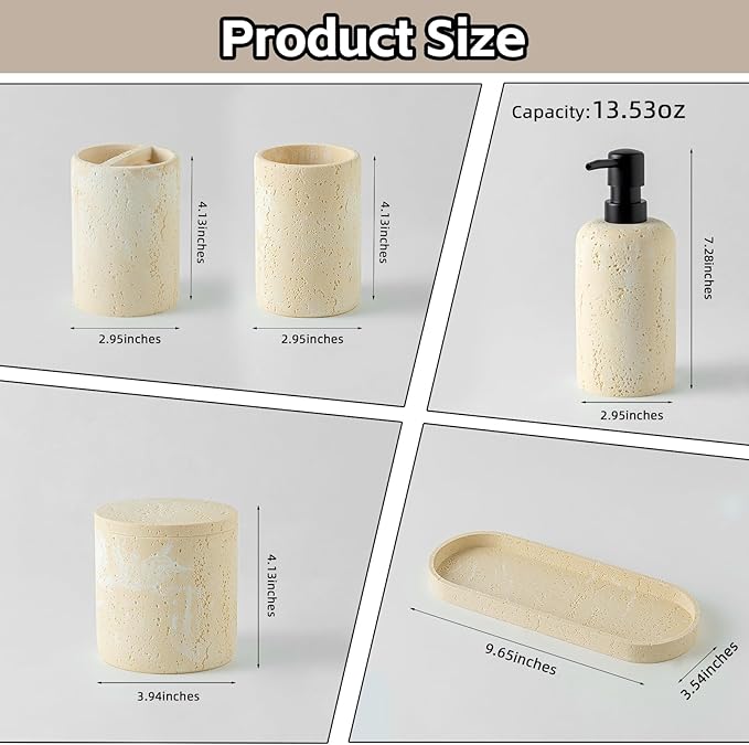 Bathroom Accessories Set, Travertine Stone-Look, 6 PCS Bathroom Accessory Set with Soap Dispenser, Toothbrush Holder, Tumbler, Vanity Tray, Cotton Swab Jars for Countertop (Yellow)