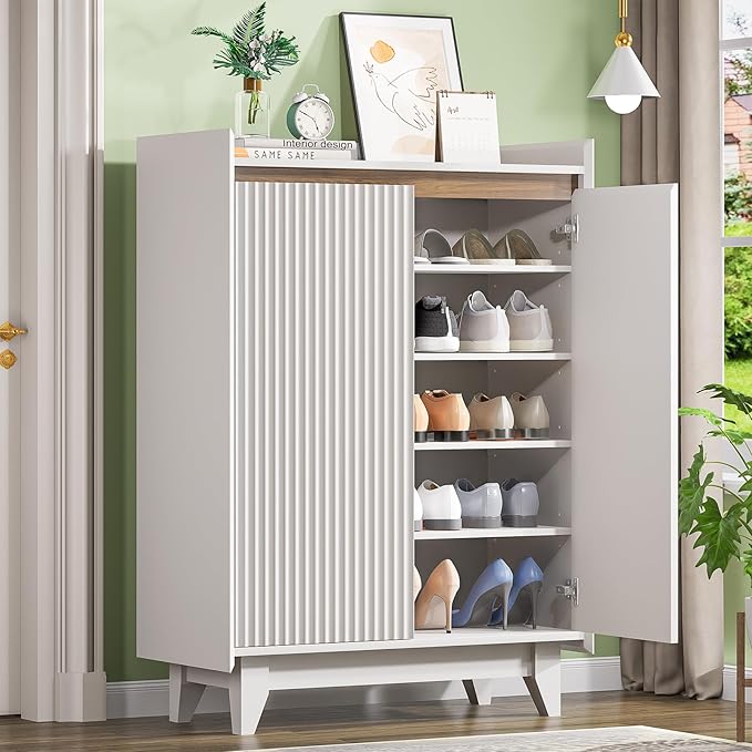 White Fluted Shoe Cabinet, 5-Tier Shoe Storage Cabinet with Adjustable Shelves, 43.7”H Tall Shoe Cabinet Storage for Entryway Hallway Living Room, Shoe Rack Organizer White & Walnut Wave Fluted Design