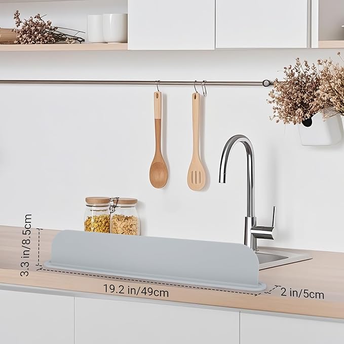 19.29 inch Kitchen Sink Splash Guard, Silicone Sink Baffle Splash Guard, Backsplash Protector for Kitchen Countertop & Bathroom Bathtub with Non-Slip Strong Suction, Gray