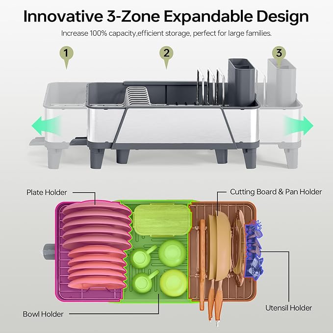 Large Dish Drying Rack - Triple Expandable Dish Rack for Kitchen Counter, Stainless Steel Sink Organization and Storage Essentials with Utensil & Pans Holder for Home and Appartment, Gray