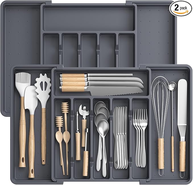 Large Silverware Organizer,Expandable Utensil Drawer Organizer,BPA Free Utensil Holder,Adjustable Silverware Tray Cutlery Drawer Organizer for Kitchen Flatware,Large,Grey,2 Pack