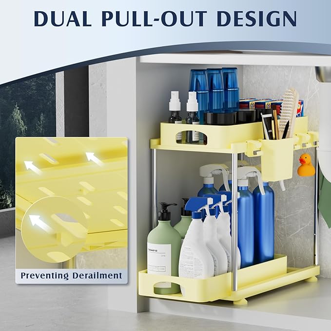 VERIFOST 2 Pack Under Sink Organizers and Storage, Height Adjustable Bathroom Cabinet Organizer, 2 Tier Under Sink Organizer with Hooks, Under Cabinet Organizer for Kitchen Bathroom (Yellow