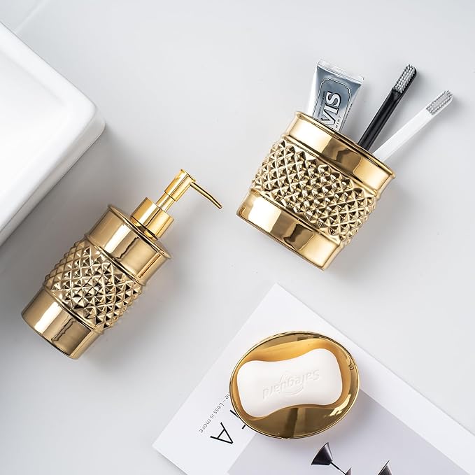 3-Piece Gold Ceramic Bathroom Accessories Set - Luxurious Soap Dispenser, Toothbrush Holder & Soap Dish with Modern Geo Embossed Design for Bathroom Accessory Set