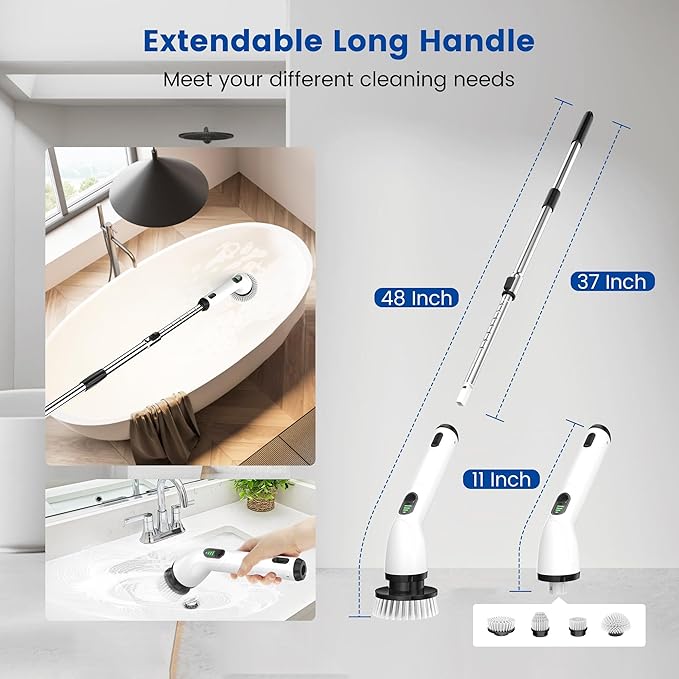 Keimi Electric Spin Scrubber, Full-Body IPX7 Waterproof Cordless Shower Scrubber with 4 Replaceable Heads, Upgraded Extension Handle, 2H Work Time, 2 Speeds for Bathroom Shower Tile Glass