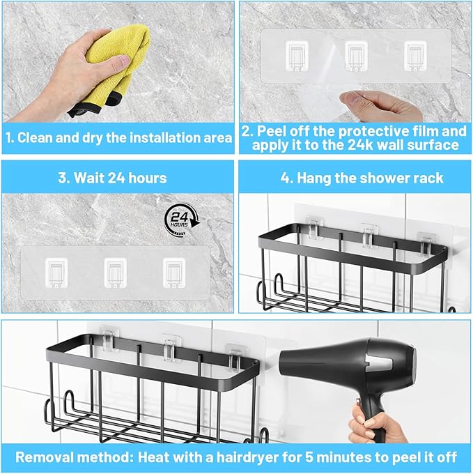 Xyembu 14 Packs Shower Caddy Adhesive Replacement, Transparent Strong Adhesive Hooks, Waterproof Shower Strips, Flat Hooks for Bathroom Kitchen Racks and Storage Shelves, No Drilling