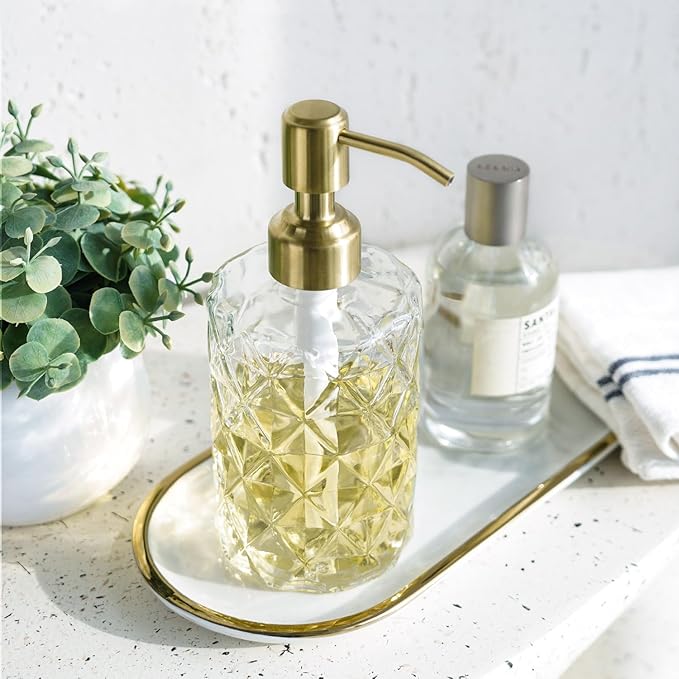 JASAI Diamond Design Glass Soap Dispenser with Golden Pump, Refillable Hand soap Dispenser for Kitchen, Soap Dispenser Bathroom for Soap, Hand soap, Dish Soap, Lotion.