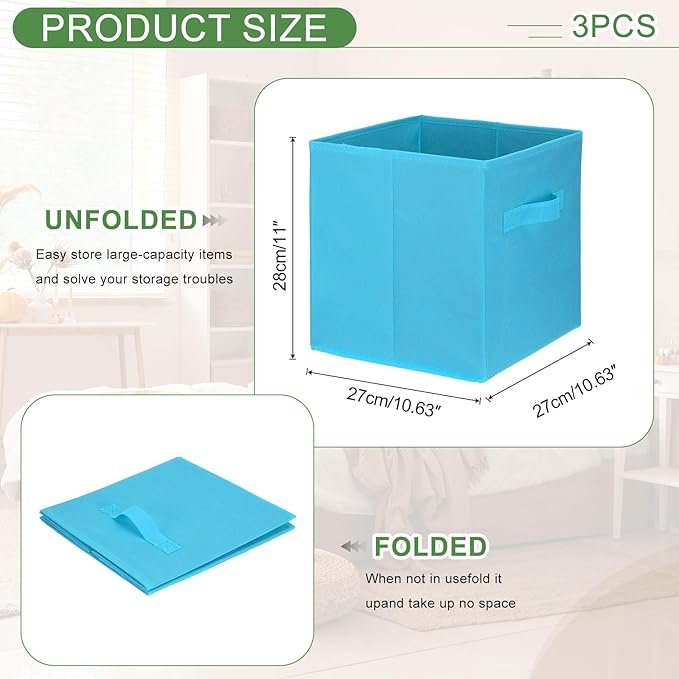 uxcell 3Pcs Fabric Storage Bins, 11 Inch Cube Storage Bin Foldable Storage Cube Organizer Bins with Handles for Shelf Closet, Nursery Home, Bedroom(Lake Blue)