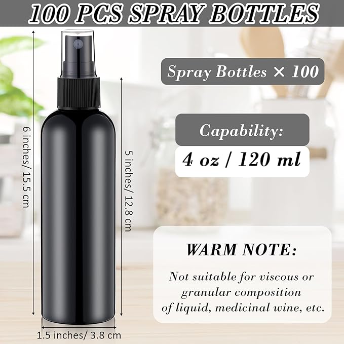 Kigley 100 Pcs Small Spray Bottle Bulk 4 oz Plastic Empty Mist Spray Bottles for Essential Oils Fine Mist Sprayer Reusable Refillable Portable Travel Containers for Perfume Cleaning Samples(Black)