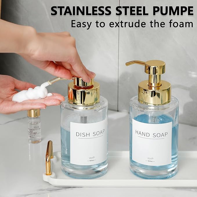 Foaming Soap Dispenser Set, 12 Oz Glass Hand Soap Dispenser with 304 Rust Proof Stainless Steel Pump, Waterproof Labels, for Bathroom Decor Kitchen College Dorm, Clear Gold Pump 2 Pack