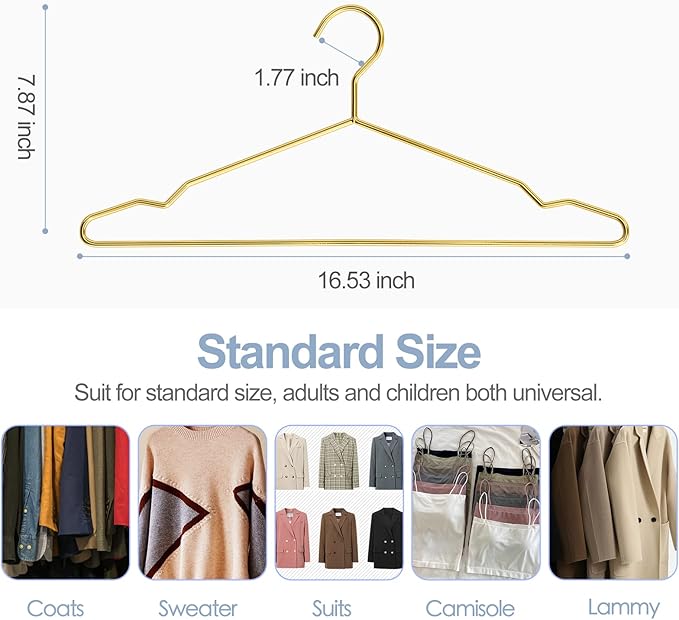 SPECILITE Metal Wire Clothes Hangers Bulk 30 Pack with Notches for Standard Size Coats, Shirts, Suits, Pants, Heavy Duty, Space-Saving, Gold