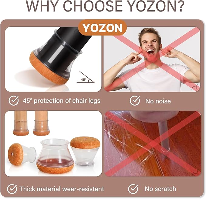 YOZON Chair Leg Floor Protectors for Hardwood Floors Felt Furniture Pads Silicone Caps 32 Pack Anti-Scratch Reduce Noise Clear Round Medium Fit 3/4" to 1-3/16" (19-30mm)