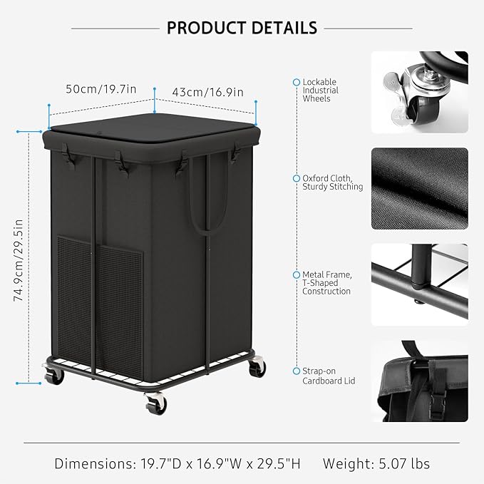 160L Large Laundry Hampers with Lid, Oxford Fabric Laundry Hampers, Metal Frame and Removable Bag Design with Wheels, Suitable for Bedroom, Bathroom, Dorm Room, Laundry Room (Black Lid Rope)