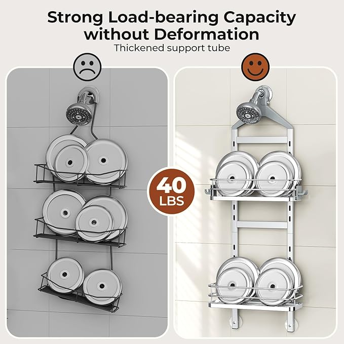 Orimade Aluminum Hanging Shower Caddy Over Head, Adjustable Bathroom Shelf with Hooks, Anti-Slip Rustproof Organizer Storage Rack Basket, Silver, 2 Tier
