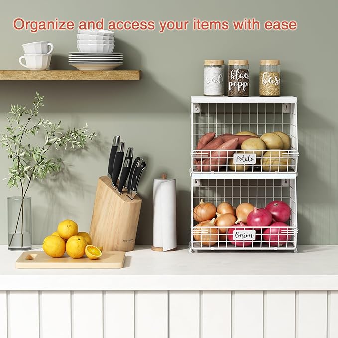 Wall Mount Bathroom Storage Basket, Fruit Produce and Vegetable Baskets for Kitchen Counter, Hanging Wire Storage Basket for Laundry Room Bedroom Closet Pantry Boys Girls Room (White)