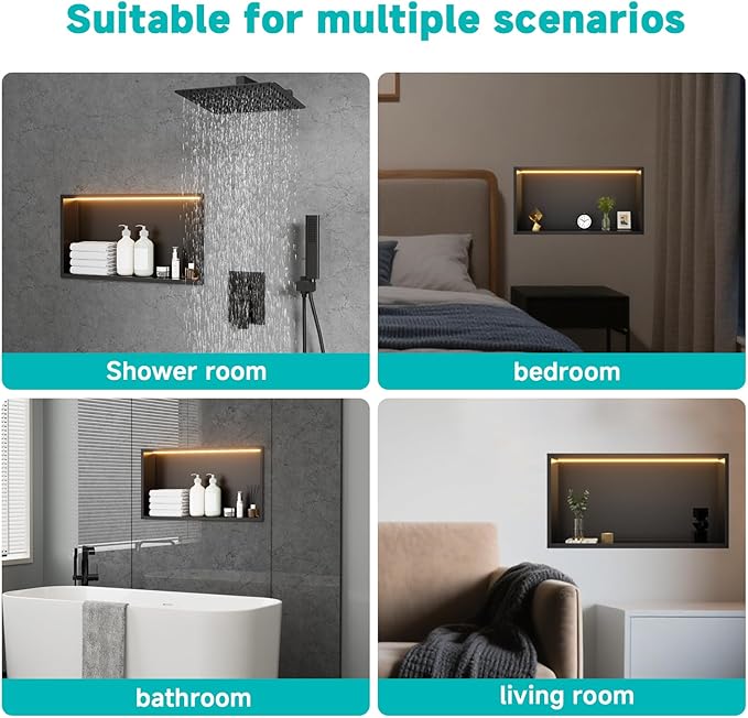 TSIBOMU Stainless Steel 12"x24" LED Lights Shower Niche - No Tile Needed Recessed Wall Niche Waterproof for Walk in Shower Bathroom Storage, Matte Black