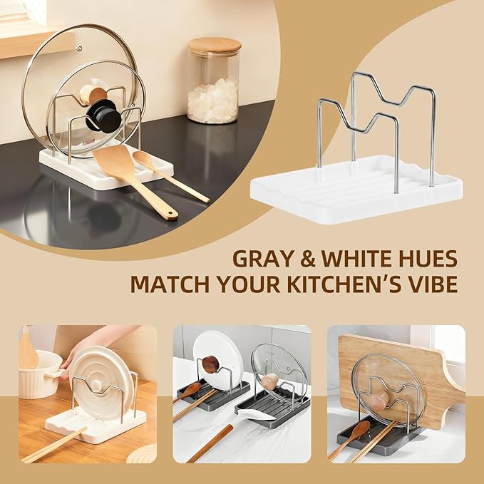 2 in 1 Pot Lid Holder & Spoon Rest for Kitchen Counter, Plastic Utensil Rest with Stainless Steel Pan Lid Holder Organizer While Cooking, Countertop Space Saving Pot Cover Rack | Easy to Clean