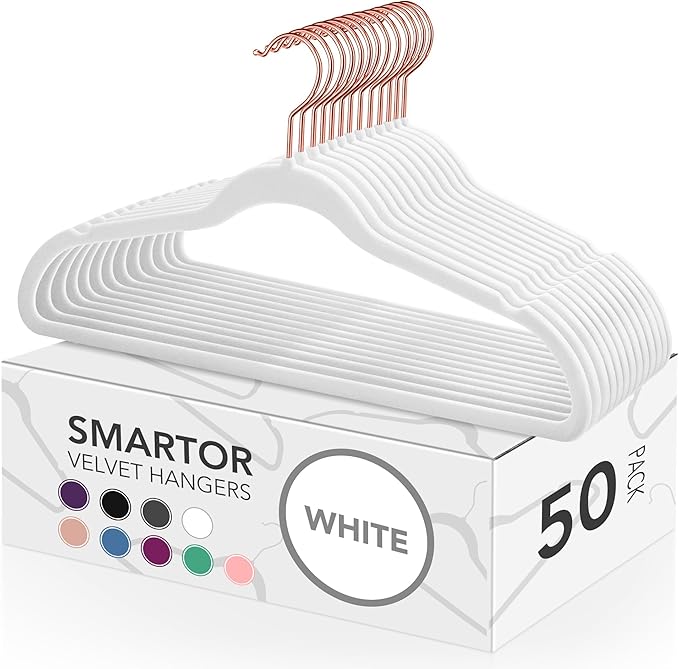 Smartor White Velvet Hangers 50 Pack, Non Slip Clothes Felt Hanger Heavy Duty for Coat, 360° Rotating Rose Glod Hook, Premium Slim Space Saving Hangers for Closet Organizer and Storage