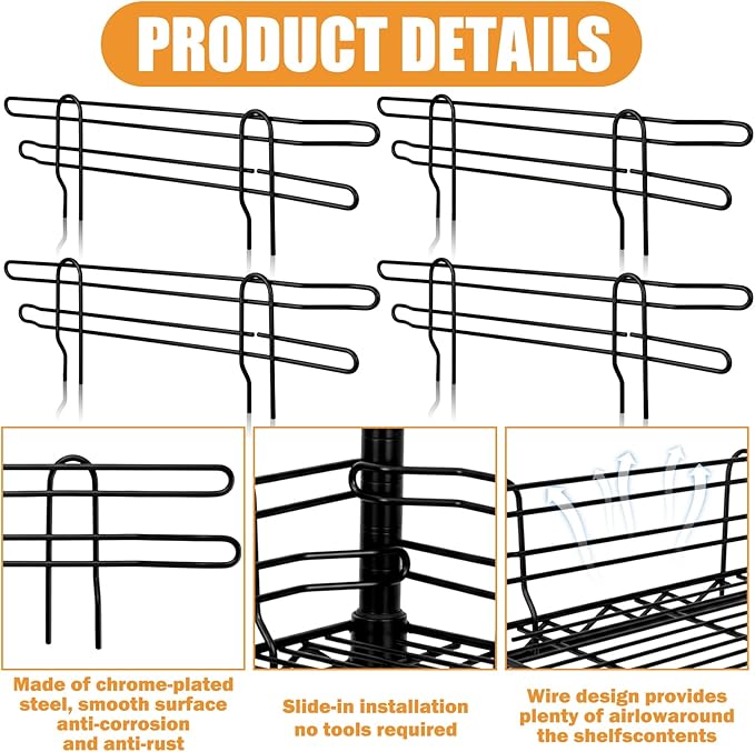 4 Pcs Chrome Wire Shelf Ledge 18" L x 4" H Wire Shelving Side Ledge Metal Shelves Accessories Pantry and Garage Storage (Black)