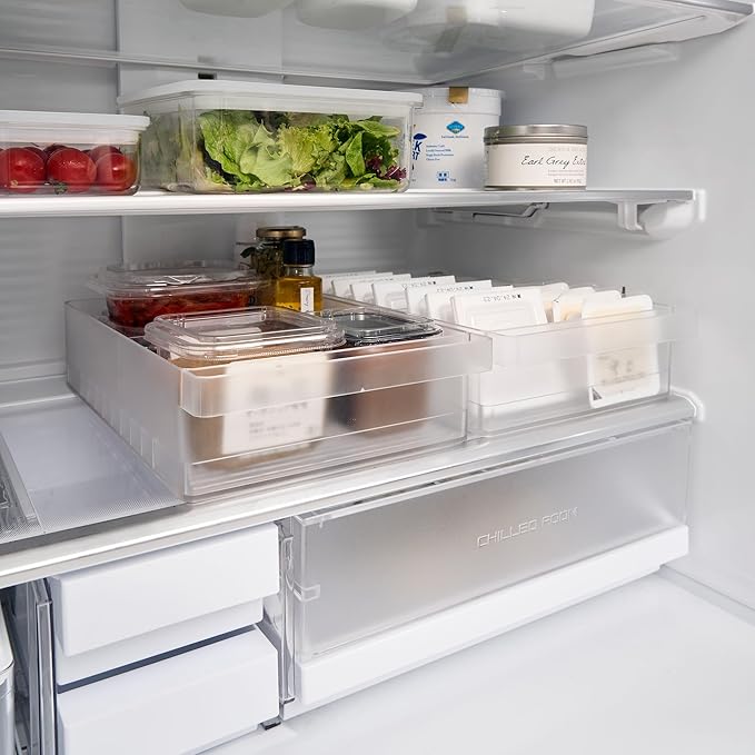 Yamazaki Home Tower Fridge Organizer Bin – Produce Washer & Storage With Adjustable Divider – Easy To Clean & Space-Saving Kitchen Solution - Plastic -