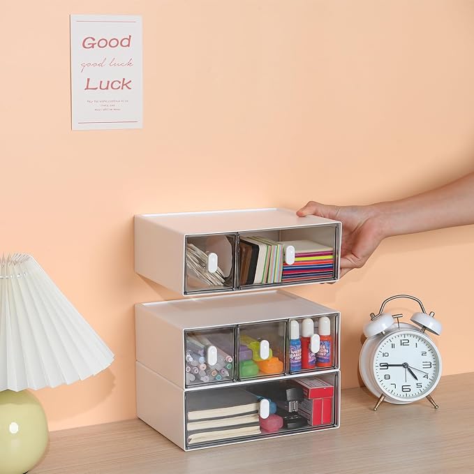 Desktop Storage Drawers, Plastic Desk Organizer with 1 Large Drawer, Modular Stackable Toolbox Units for Office Stationary, Makeup Container, Bathroom Countertop (1 Tall Layer, White & Clear)