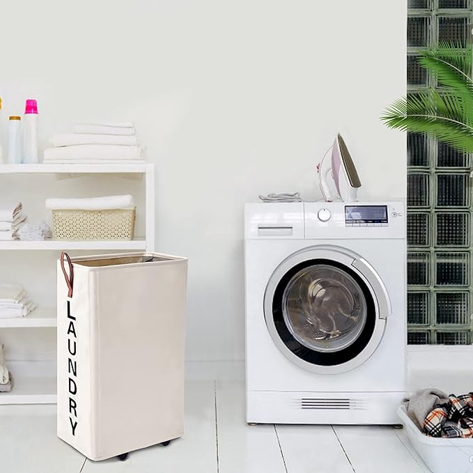 70L Large Rolling Laundry Hamper - Tall Narrow Basket With Wheels, Slim Clothes Bin, 27.5" Beige