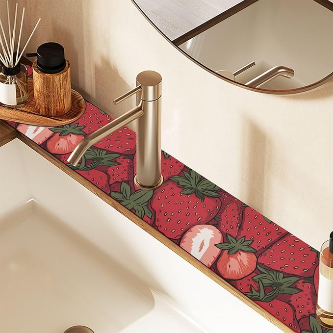 Kitchen Sink Splash Guard 1 PC 30 Inch Sink Faucet Mat Splash Guard for Bathroom Countertop Water Absorbent Foldable Cuttable Soft Washable Cartoon Red Strawberry