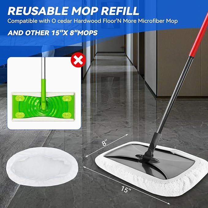 8"x15" Mop Replacement Head Compatible with Cedar Hardwood Floor'N More Microfiber Mop- Reusable Mop Pads Refill Cotton Cloth Mop Covers for Wet and Dry Use - 15x8 Inch - 8 Pack