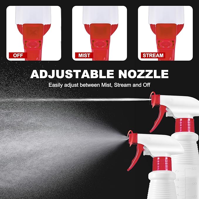 Plastic Spray Bottles 4 Pack, 24 Oz, Mist & Stream, Heavy Duty HDPE Sprayer Bottle, Leak Proof Empty Spraying Water Bottle for Cleaning Solutions, Planting, Car Detail, Pet Training with Measurement