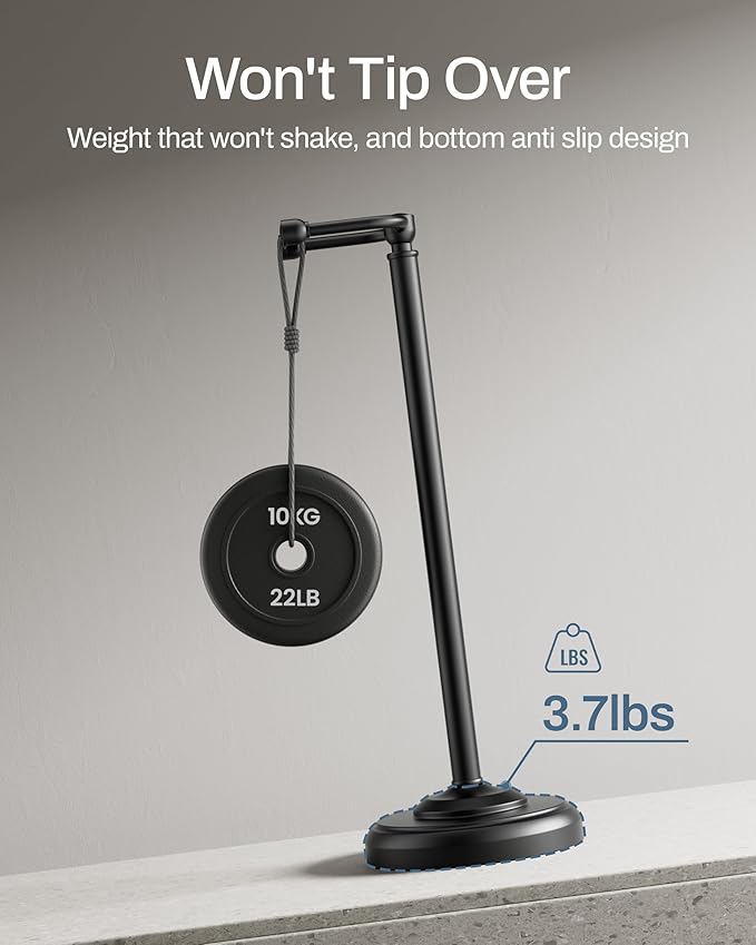 KALLYNB Freestanding Toilet Paper Holder Stand - Rustproof 304 Stainless Steel with Heavy Duty Weighted Base (4.8lbs), 22" Height Pivot Arm Tissue Roll Dispenser, Fits Mega Rolls - Matte Black