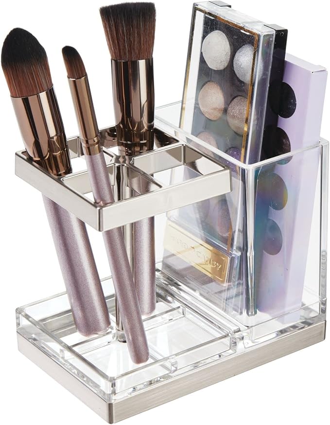 mDesign Plastic Toothbrush and Toothpaste Storage Organizer Holder - Home Decor for Bathroom Countertop - Holds Toiletries and Beauty Accessories - Lumiere Collection - Clear/Brushed