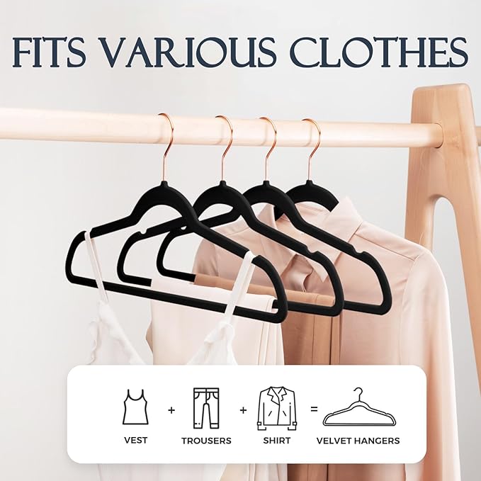 HOUSE DAY Black Velvet Hangers 60 Pack, Premium Non-Slip Felt Hangers, Sturdy Black Clothes Coat Hanger Heavy Duty, Durable Suit Hanger for Space Saving, No Marks Gold Hook