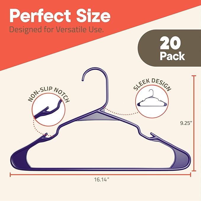 Purple Plastic Hangers 20 Pack– Heavy-Duty Plastic Hangers Slim and Space-Saving, Durable and Lightweight with Non-Slip Shoulder Notches for Slip Dresses, Suits, Jackets & Camisoles