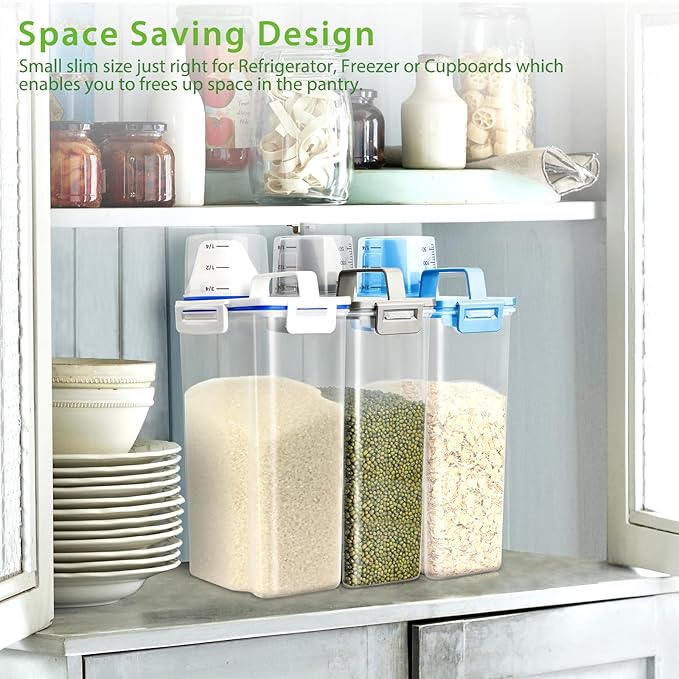 Rice Airtight Storage Container, 3 to 5Lbs Cereal Dry Food Flour Bin, Pet Dog Cat Food Dispenser with Measuring Cup, BPA Free Clear Plastic Kitchen and Pantry Organization Bin for Sugar