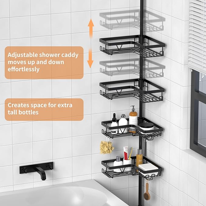KEGII Black Shower Caddy Tension Pole with 2 Towel Bars, Adjustable Corner Bathroom Organizer, Rustproof Bathtub Storage Shelves for Shampoo, 25–114.2 Inch Shower Corner Rack for Renters & Family